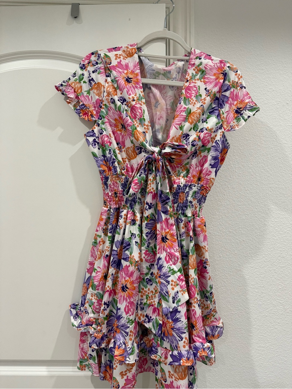 Floral Tie-Front Sundress in White with Pink, Purple & Orange Flowers